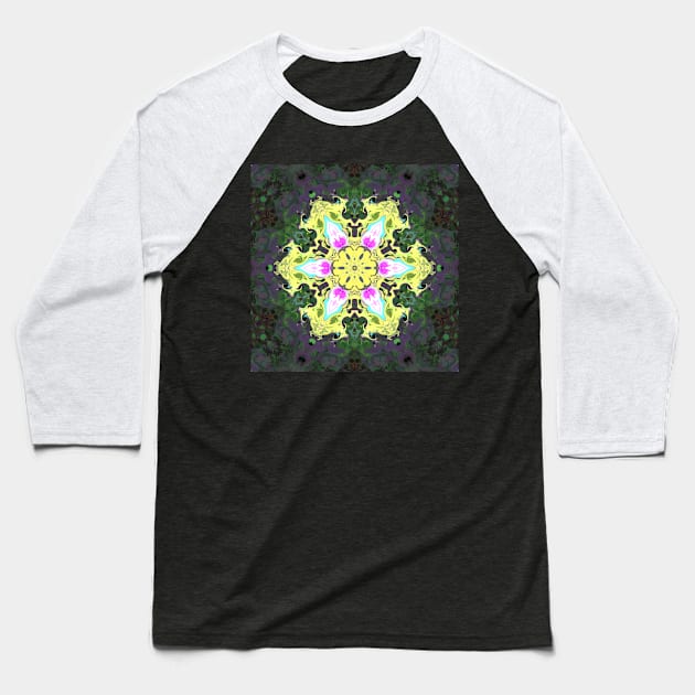 Psychedelic Kaleidoscope Flower Yellow and Pink Baseball T-Shirt by WormholeOrbital